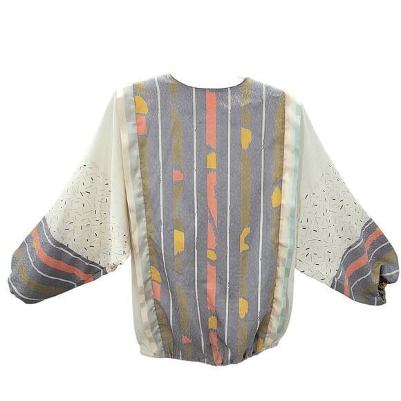 Ron Fritts Vintage 80s Pastel Stripe Confetti Dolman Sleeve Elastic Waist Blouse - Picture 1 of 16